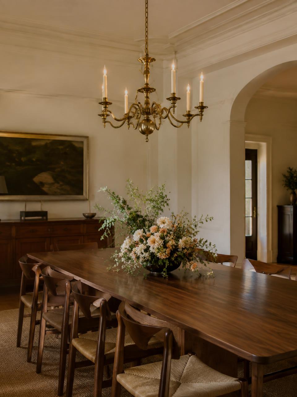 Brass chandelier over a walnut table