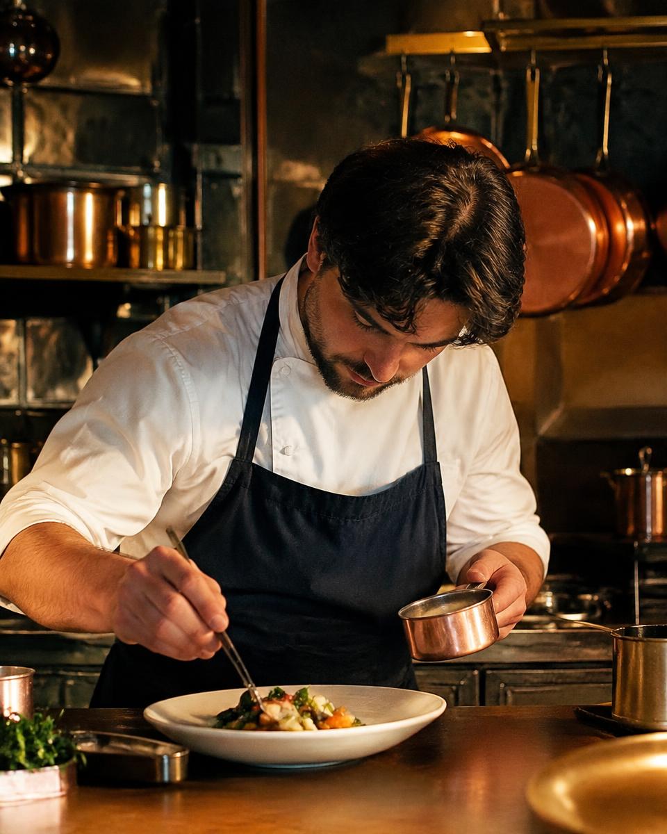 Chef plating a seasonal dish beside copper pans